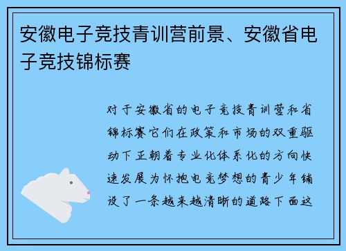 安徽电子竞技青训营前景、安徽省电子竞技锦标赛